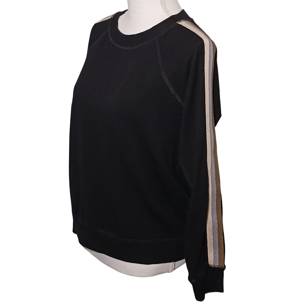 Monrow Raglan‎ Crewneck Sweater Size XS Black w/ Embroidered Stripes Down Arms